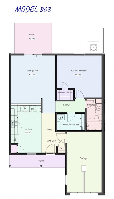 Floor plan for 1 bed, 1 bath, 863 sqft